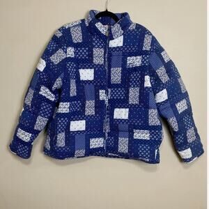 New Tommy Hilfiger Women's Quilted Puffer XL Coat Patchwork Blue Boho Cottage